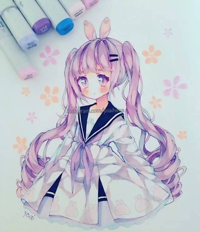 分享| 一组可爱的美少女头像马克笔手绘插画,萌萌少女心