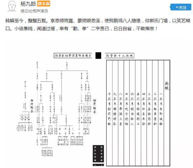 杨九郎发文感谢郭德纲晒出德云社家谱相声家谱究竟多神秘