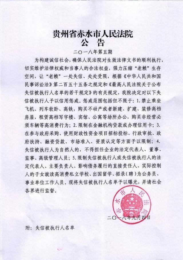 黔·雷霆风暴|赤水法院公布2018年第五期"老赖"名单!