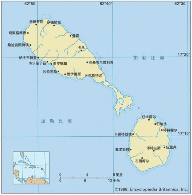 圣基茨和尼维斯联邦地图 圣基茨和尼维斯联邦,或称为圣克里斯托弗与