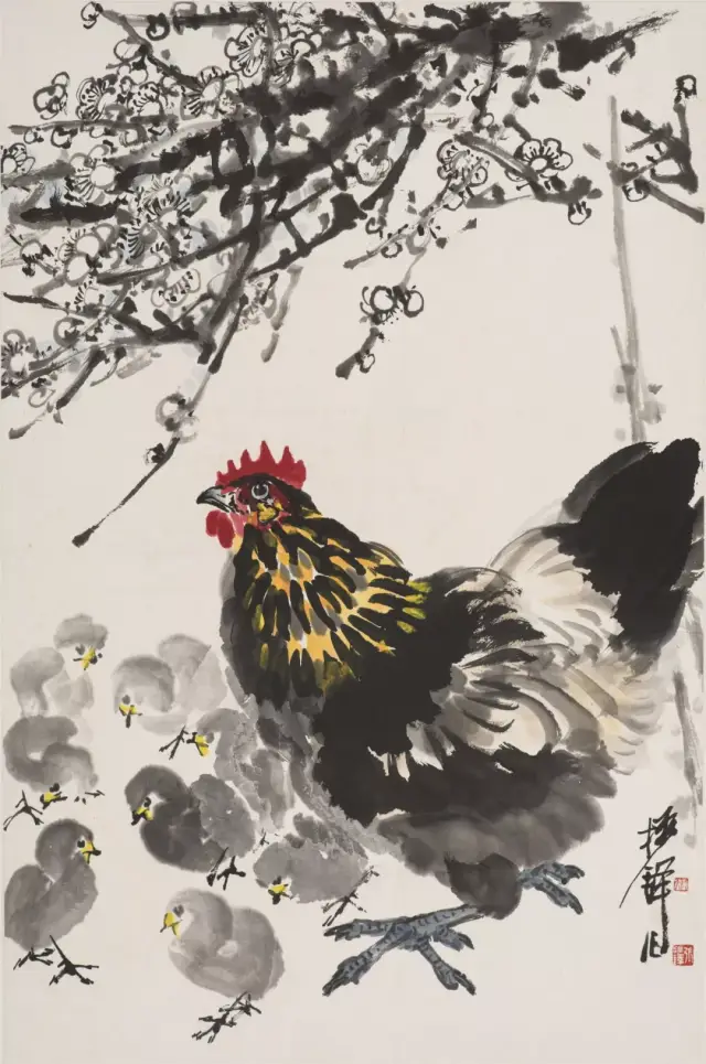 △《白梅母鸡》纸本水墨 68×44.5cm 20世纪60年代初到70年代末
