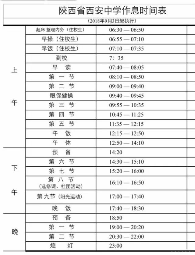 工大,西中,市一中,83中等9所重点高中高一作息时间表