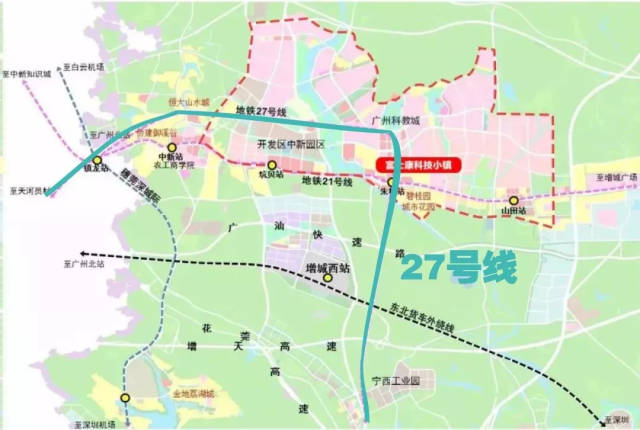 地铁27号线采用"7"字形走势, 至少贯穿黄埔和增城两个行政区.