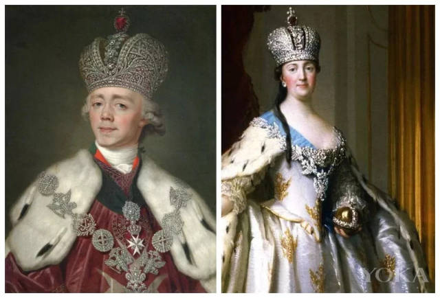 戴著加冕皇冠全套的保罗一世和女帝本人画像