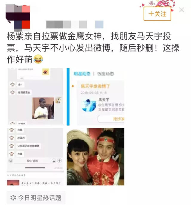 在马天宇的微信截图上,杨紫直接甩给自己的好友马天宇投票的链接"