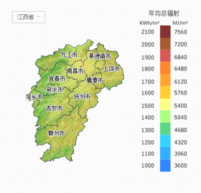 江西省太阳能年均总辐射量分布图