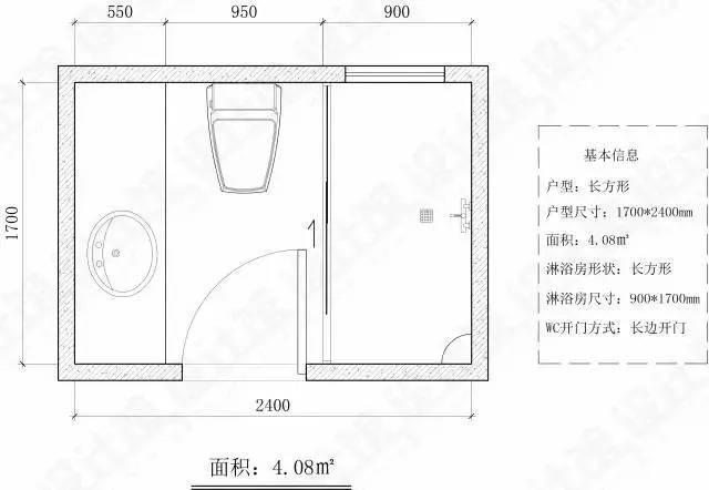 开门在短边的卫生间布置起来就比较简单,一般从外到里分别是:洗手盆