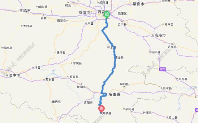 自驾线路:西安出发—西康高速—安康—s207岚皋县,到岚皋后地图导航