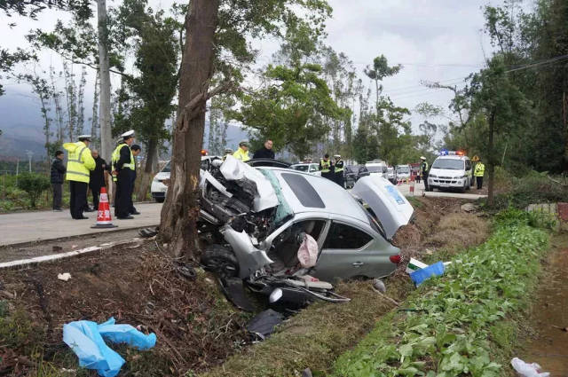 月山镇水二新河里路段发生一起小轿车碰撞左侧路外路树的道路交通事故