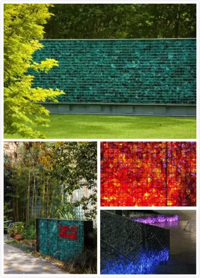 石笼里,早已经不局限于只装石头了,玻璃放在石笼里,尤其是晚上配上