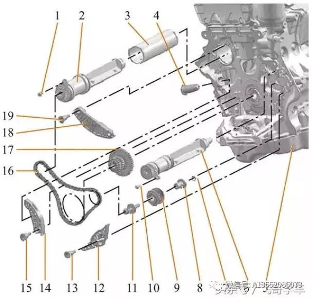 4,14—导向螺栓;6—控制阀;8—垫圈;9—轴承桥;10,13—凸轮轴正时链的