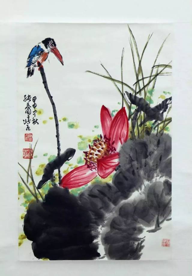 张世简书画作品《荷花翠鸟》