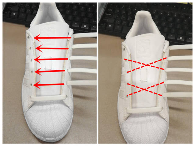 鞋带的系解: 小编找来了6孔的鞋子来做示范 看上去就是一字系法