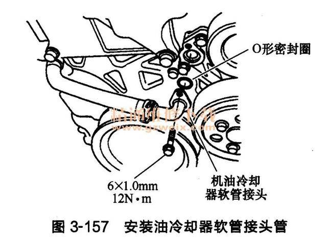 (26)配备油冷却器:使用一个新的o形密封圈b安装油冷却器软管接头管