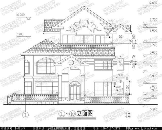 欧式房屋自建房三层别墅设计施工图背立面图