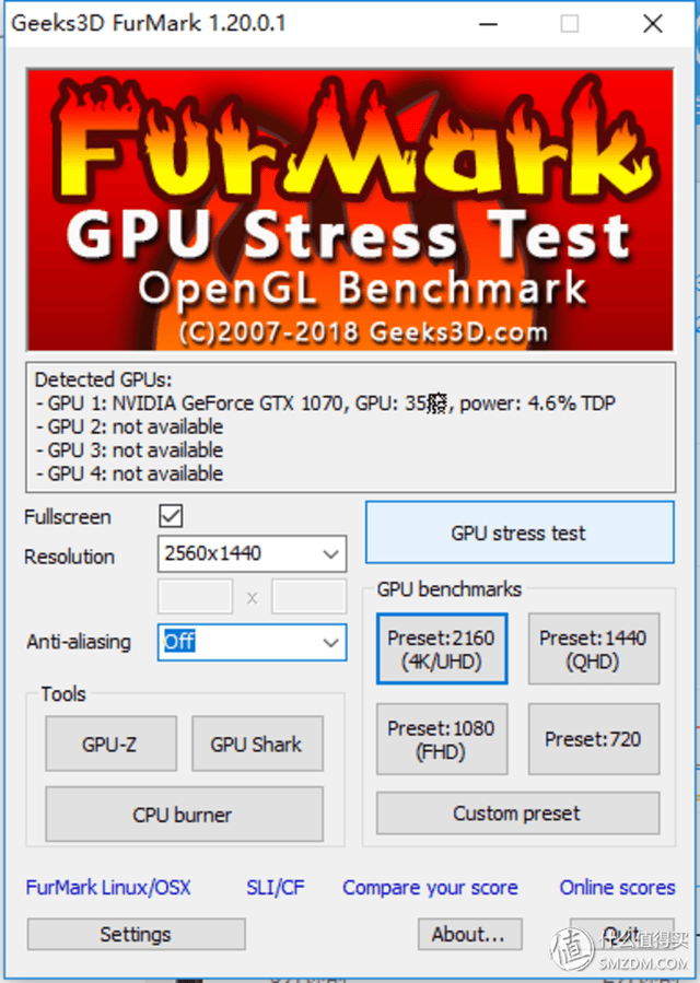 最后使用geeks3d furmark进行2560×1440分辨率的拷机.