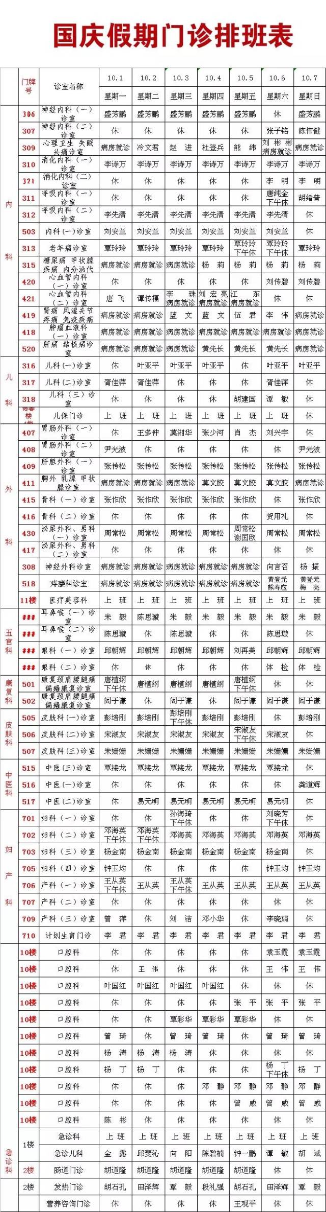 石门县人民医院2018年国庆节假期值班安排