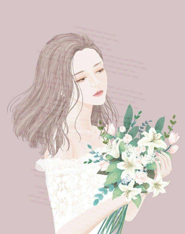 捧花小清新女孩的精致高清手绘,治愈插画