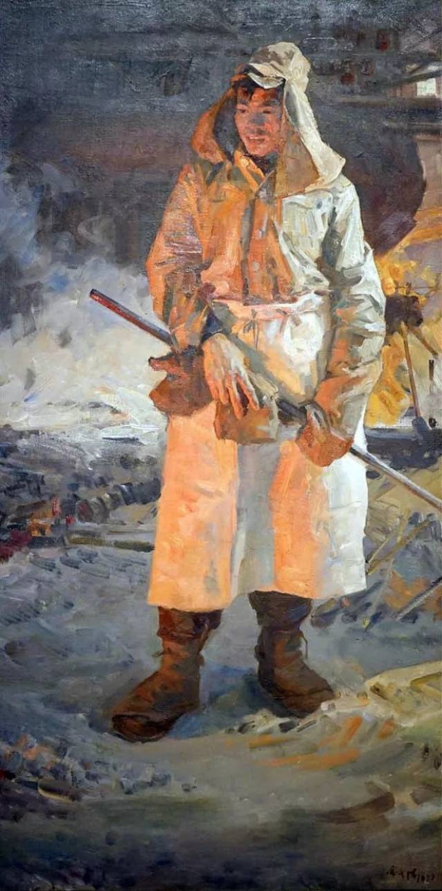 俞云阶《炼钢工人》 144cm×72cm 布面油画 1957年