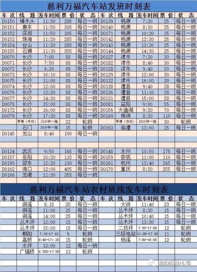 2018年最新慈利汽车火车班次时刻表 各乡镇赶场日期 其他便民服务信息