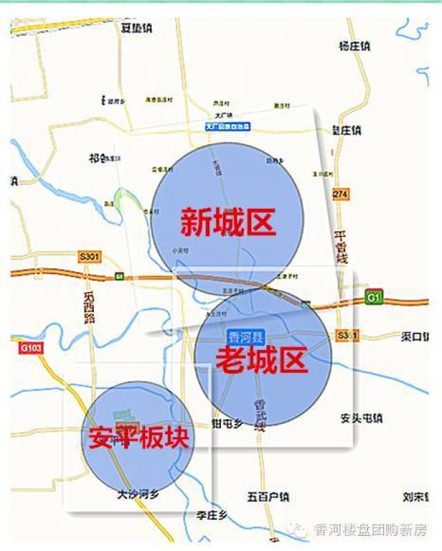 香河县目前分为三个板块    香河北部新城区    香河老县城    安 平