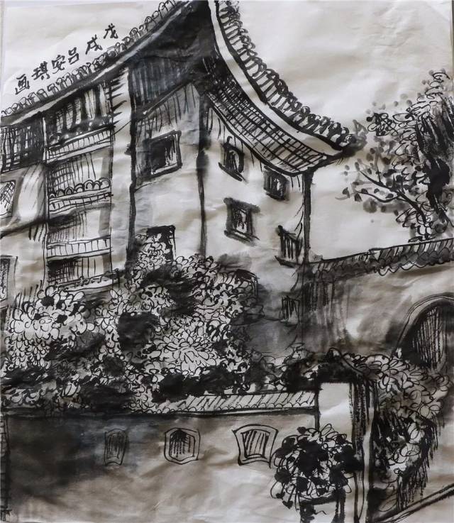 8年级(7)班 吕安琪 中国画《校园一角》