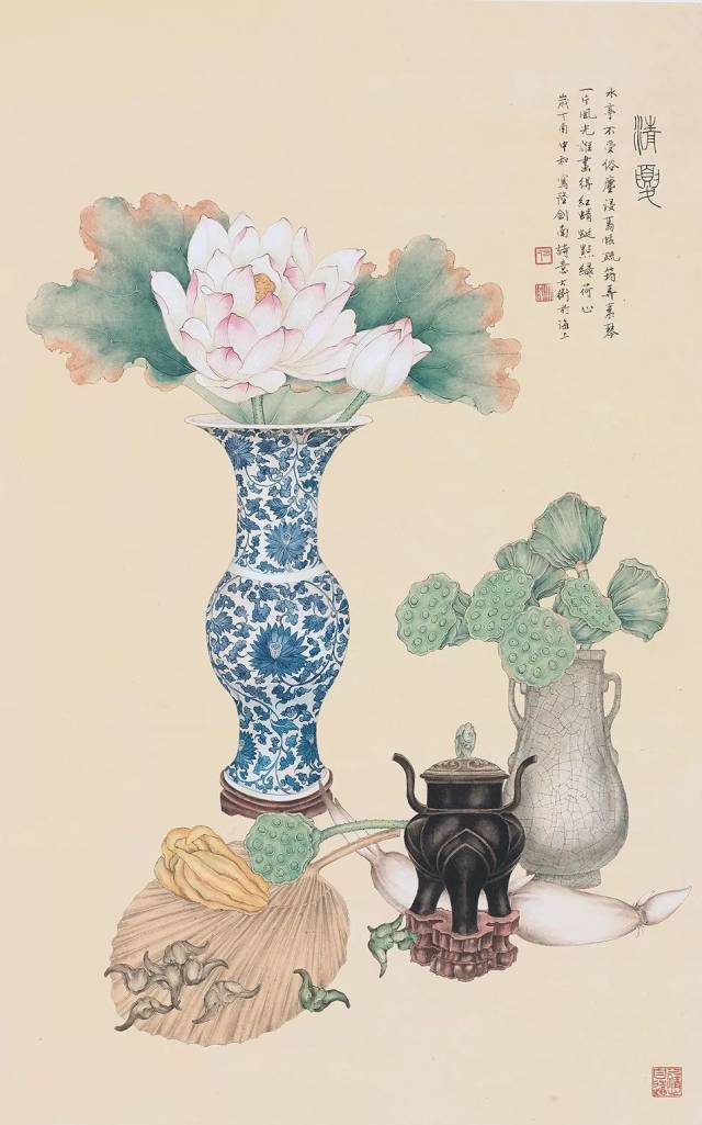 传统,从古代绘画中汲取养分,创作清新儒雅而富有时代特色的清供博古画