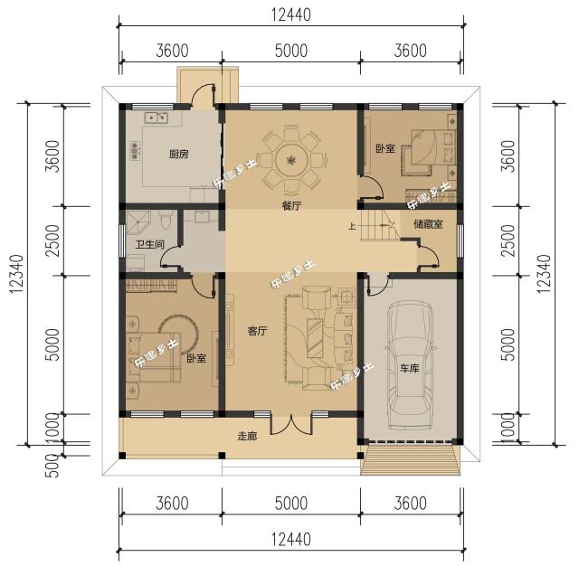 首层平面图 二层主要为居住空间,四个卧室分布在别墅四角,私密性强