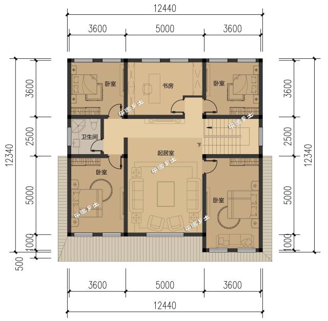 东立面 该别墅户型方正,上下对齐,易于建造.