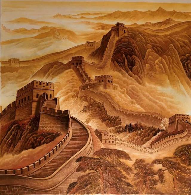 吴瑞阳这幅万里长城图,气势磅礴的金色长城象征着中华民族的民族精神