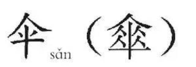 "伞"字是象形字, 古代这个字上面有一个"人"字, 里头还有四个小的"人