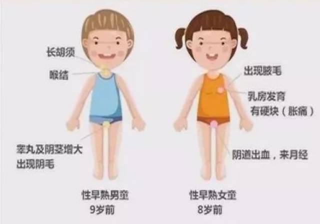 2 女孩8岁以前,男孩9岁以前,出现与年龄不相应的第二性征,如女孩乳房