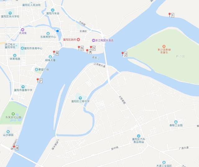 2,东洲街道新沙岛西面岛头 3,富阳中学亲水平台 4,鹳山矶头 5,郁达夫