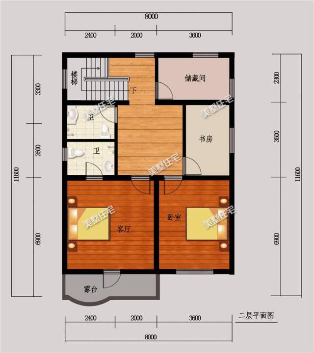二层平面图:2卧室,2卫生间,书房,储藏室,露台.