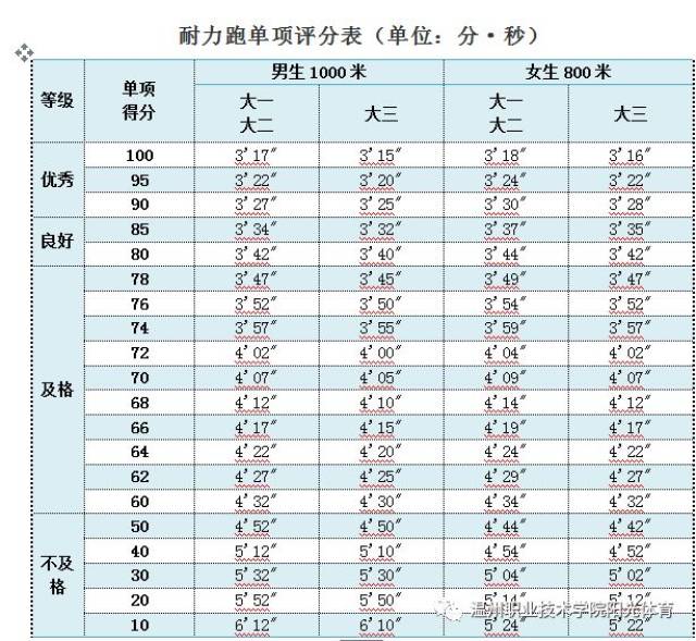 体测标准丨1000米/800米耐力跑评分标准