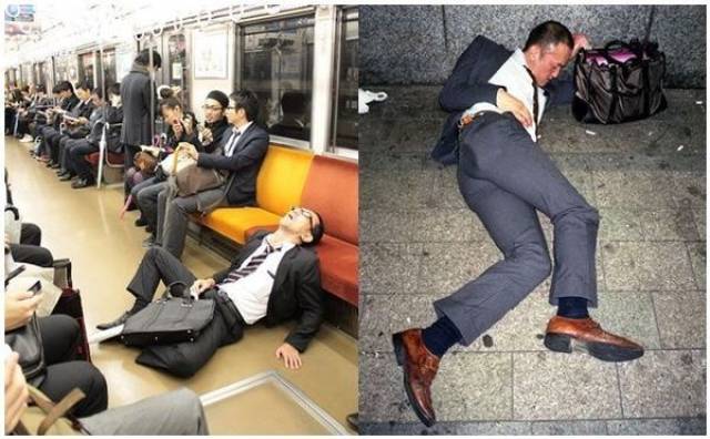 图中是醉倒在路上的日本上班族,据说他们大多数人喜欢下班后去喝一壶