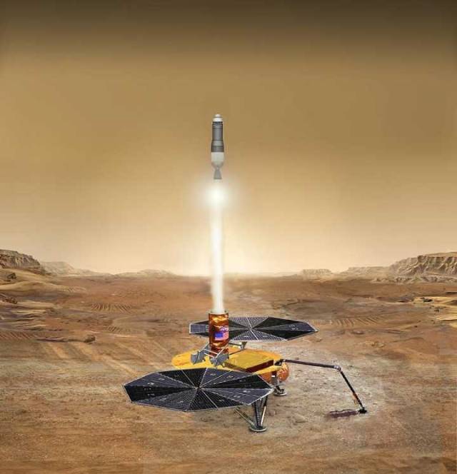 计划接应并执行采样返回火箭发射任务的火星探测器艺术图 nasa/jpl
