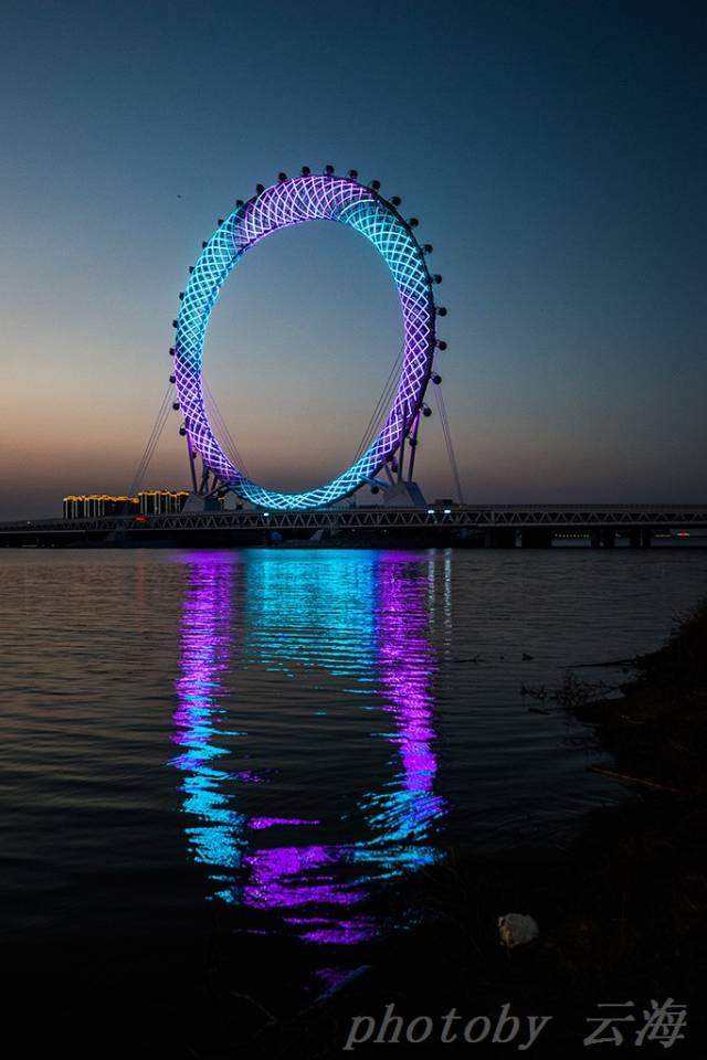 潍坊,世界最大无轴式摩天轮"渤海之眼",夜景