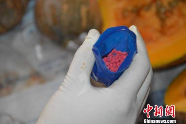 图为南瓜内蓝色小袋中装有的毒品.警方供图