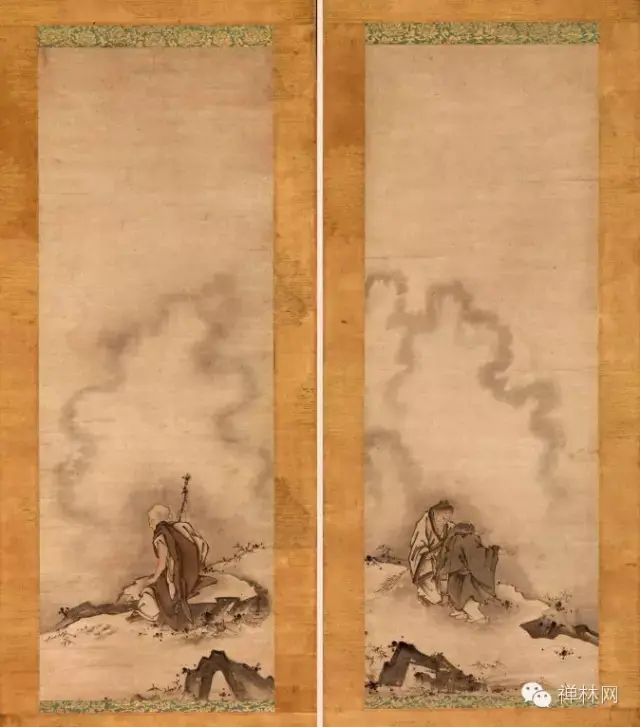 丰干寒山拾得禅师挂轴 十五世纪 室町时代佛画 纸本着色 尺寸:185.