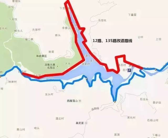 12路,135路 由泽雅首末站始发至瓯湖线林岙大桥段后改经瓯湖线,通景路