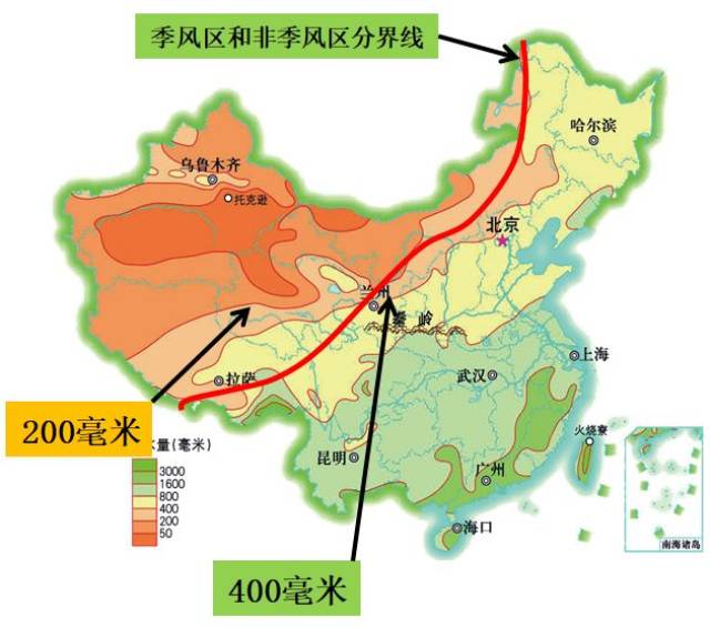 非季风区有年降水量超过400毫米的一片区域,如青藏高原东部;季风区也