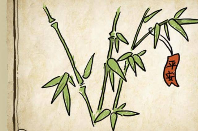 第二张图,竹子上挂了平安两个字.这是一个成语:竹报平安.