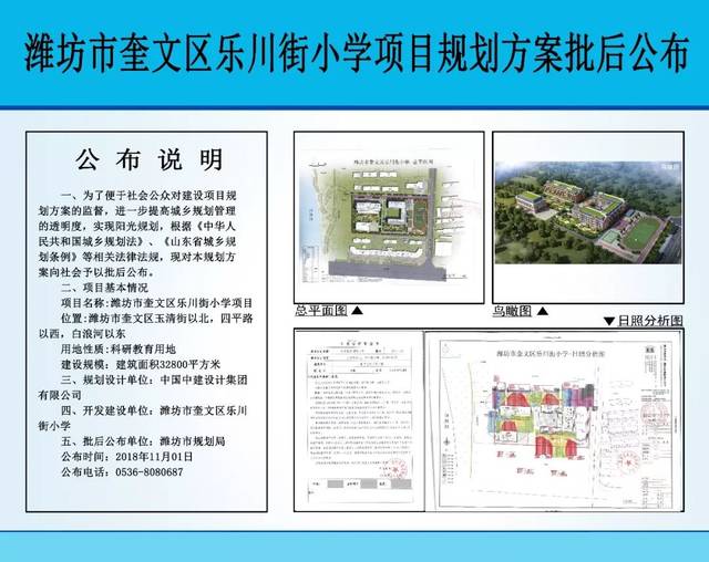 潍坊市规划局发布了 《奎文区乐川街小学项目规划方案批后公布》