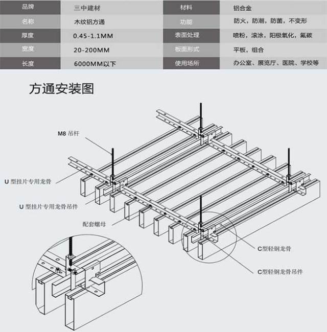 木纹铝方通吊顶节点图和安装方法