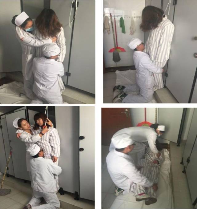急救流程:甲护士巡视病房,发现病人在洗澡喷头上自缢护士跪于地上