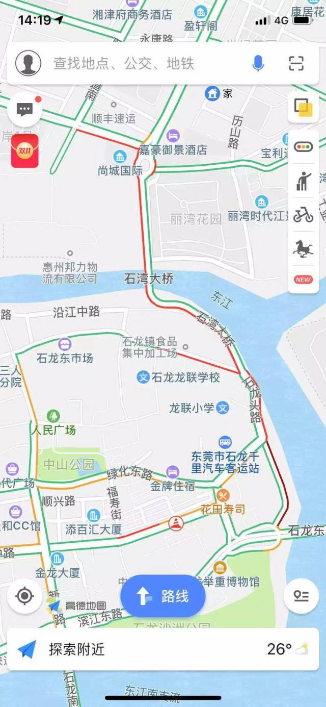 朋友圈就陆续有人反映石湾大桥大塞车 直至下午两点多 打开地图一看