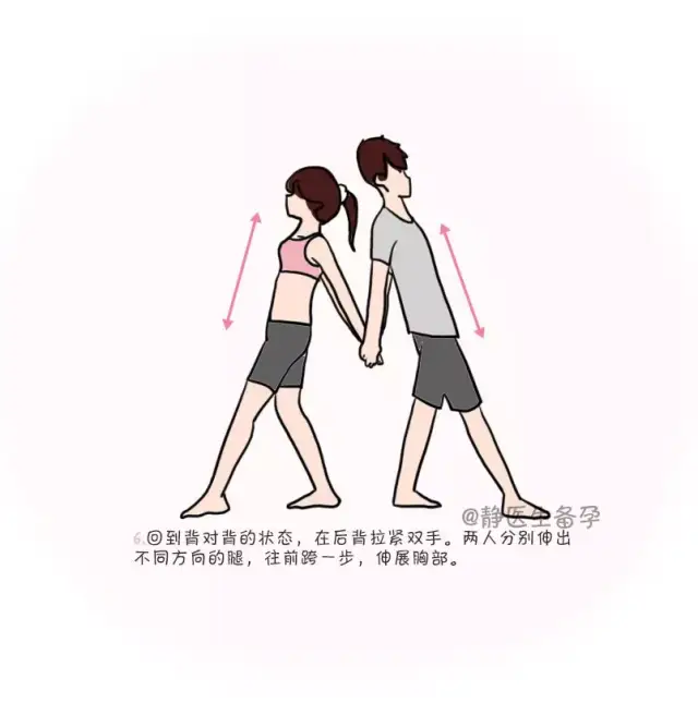 两人分别伸出不同方向的腿,往前跨一步, 伸展胸部.