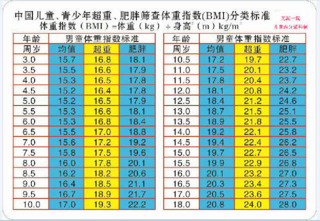 中国儿童超重肥胖体重指数bmi分类标准kgm2