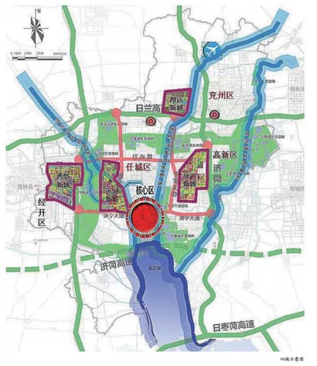 四城驱动的规划,对济宁形成大都市生活圈,疏解老城区人口,聚集新区